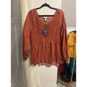 558 Smocked Boho Blouse – Rust Geo Print